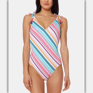 Jessica Simpson Striped V-Neck One-Piece Swimsuit